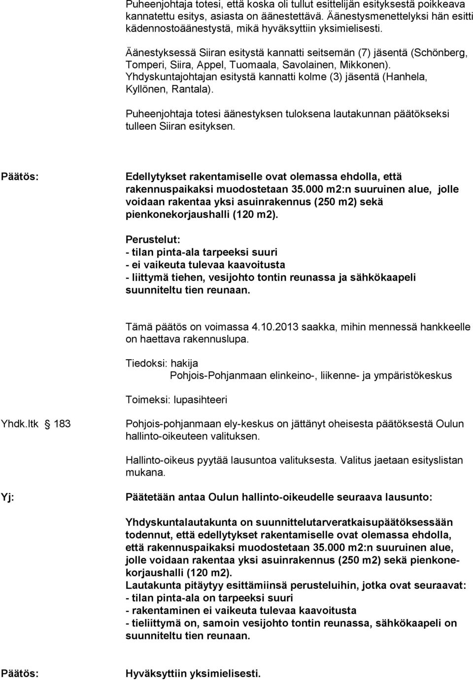 Äänestyksessä Siiran esitystä kannatti seitsemän (7) jäsentä (Schönberg, Tomperi, Siira, Appel, Tuomaala, Savolainen, Mikkonen).