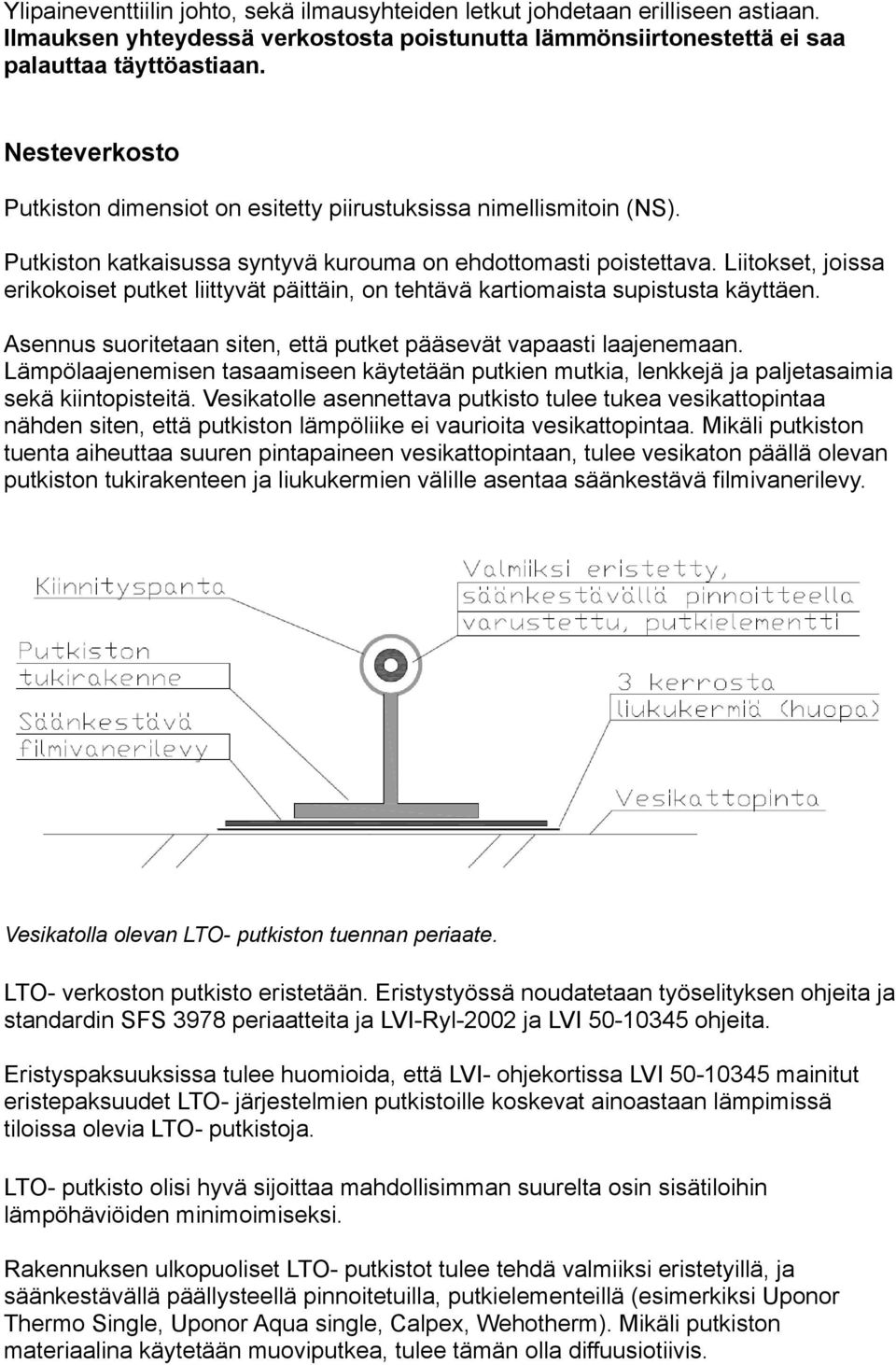 Liitokset, joissa erikokoiset putket liittyvät päittäin, on tehtävä kartiomaista supistusta käyttäen. Asennus suoritetaan siten, että putket pääsevät vapaasti laajenemaan.