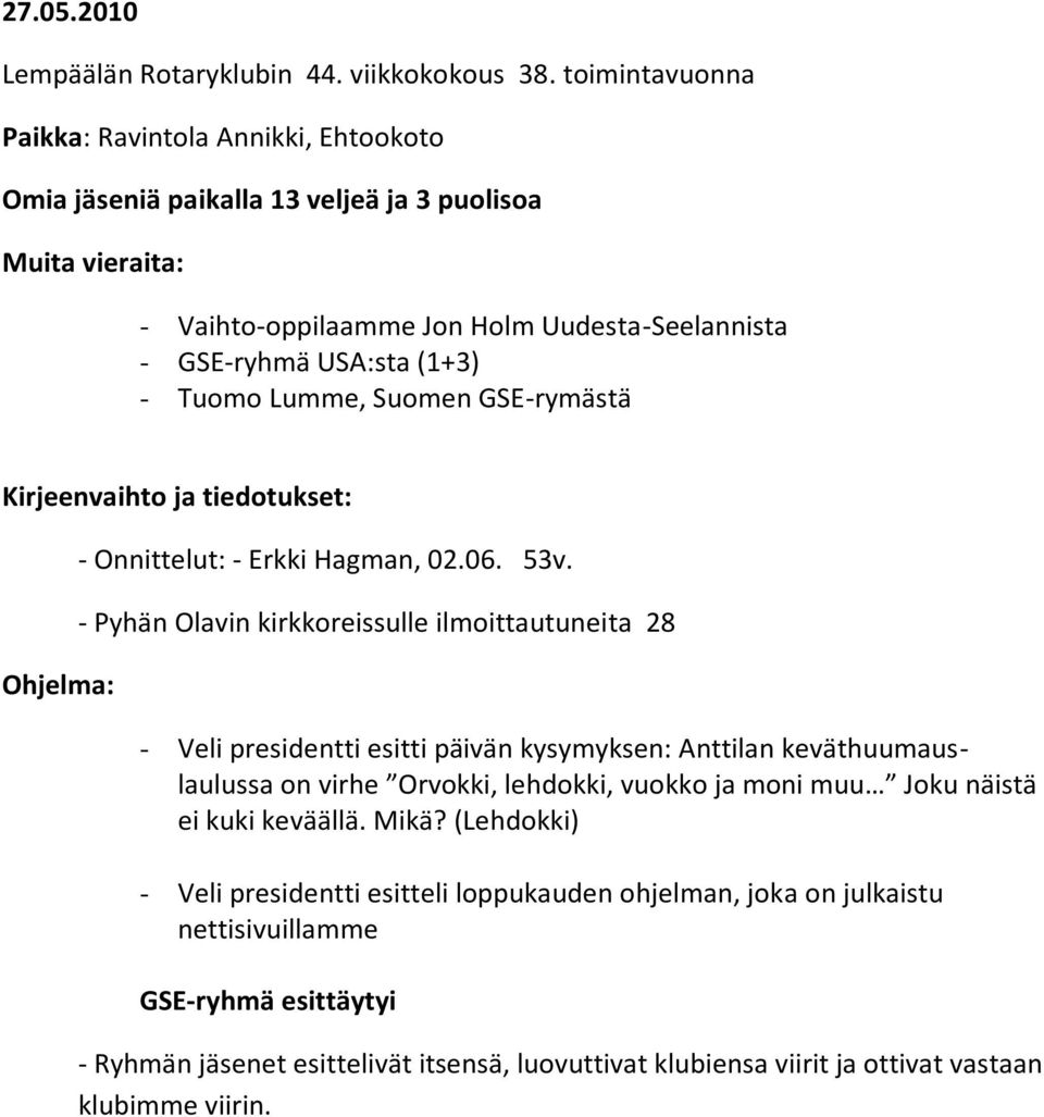 Lumme, Suomen GSE-rymästä Kirjeenvaihto ja tiedotukset: Ohjelma: - Onnittelut: - Erkki Hagman, 02.06. 53v.
