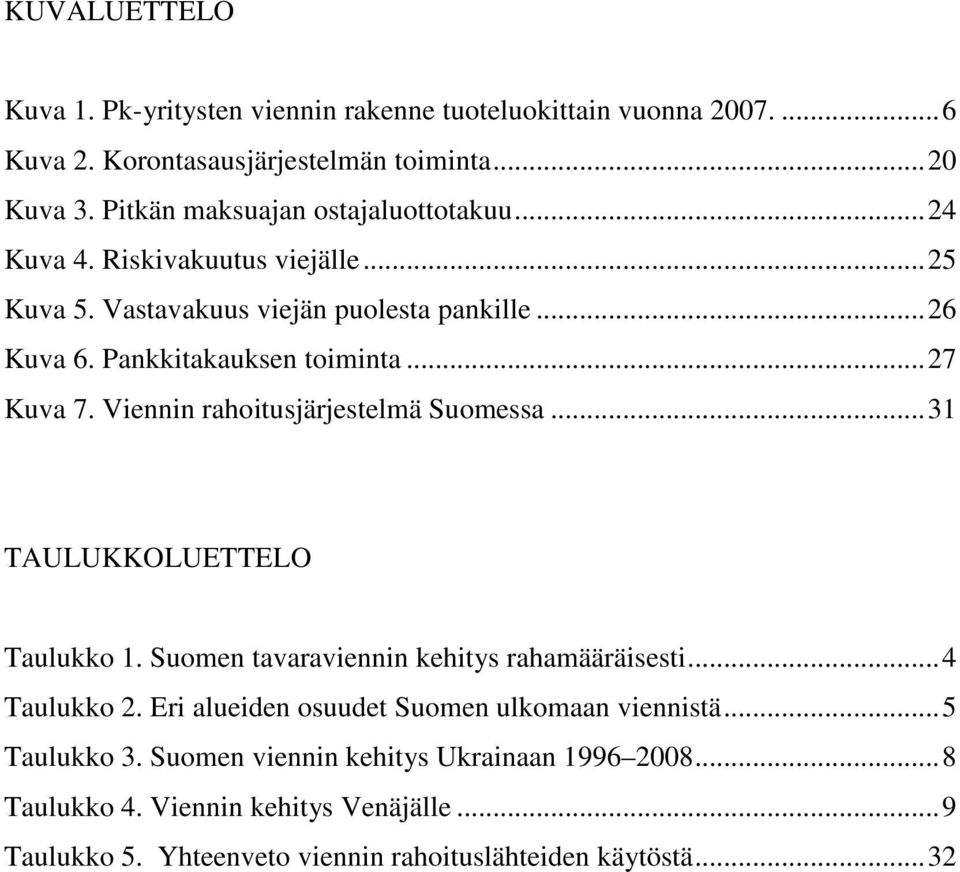 .. 27 Kuva 7. Viennin rahoitusjärjestelmä Suomessa... 31 TAULUKKOLUETTELO Taulukko 1. Suomen tavaraviennin kehitys rahamääräisesti... 4 Taulukko 2.