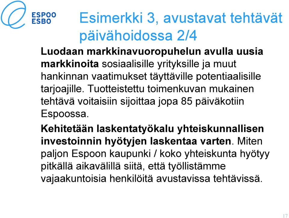 Tuotteistettu toimenkuvan mukainen tehtävä voitaisiin sijoittaa jopa 85 päiväkotiin Espoossa.