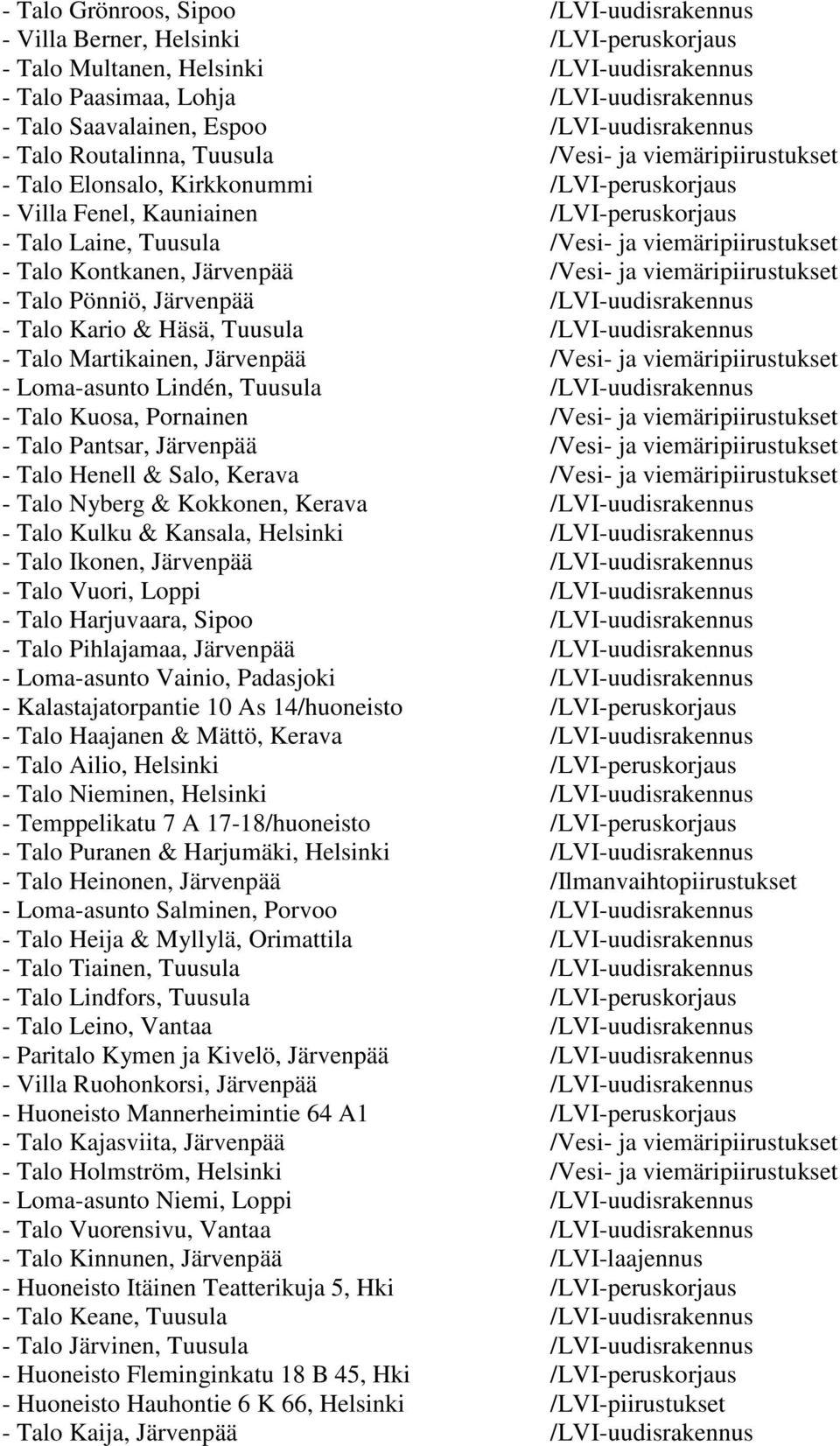 viemäripiirustukset - Talo Kontkanen, Järvenpää /Vesi- ja viemäripiirustukset - Talo Pönniö, Järvenpää /LVI-uudisrakennus - Talo Kario & Häsä, Tuusula /LVI-uudisrakennus - Talo Martikainen, Järvenpää