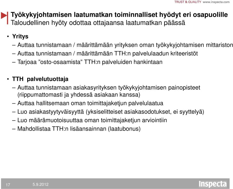 palvelutuottaja Auttaa tunnistamaan asiakasyrityksen työkykyjohtamisen painopisteet (riippumattomasti ja yhdessä asiakaan kanssa) Auttaa hallitsemaan oman toimittajaketjun