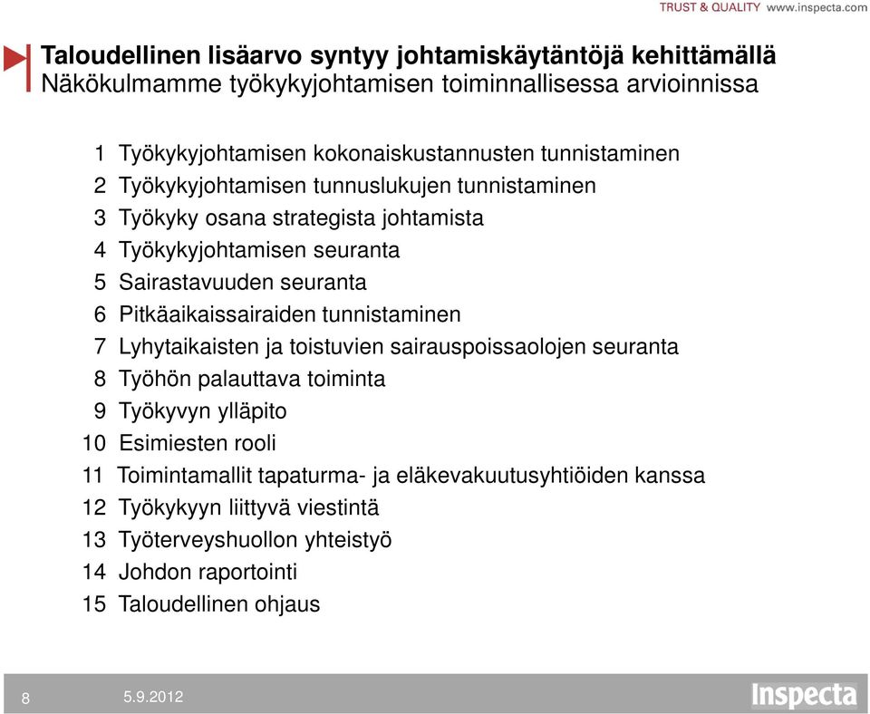 Pitkäaikaissairaiden tunnistaminen 7 Lyhytaikaisten ja toistuvien sairauspoissaolojen seuranta 8 Työhön palauttava toiminta 9 Työkyvyn ylläpito 10 Esimiesten rooli