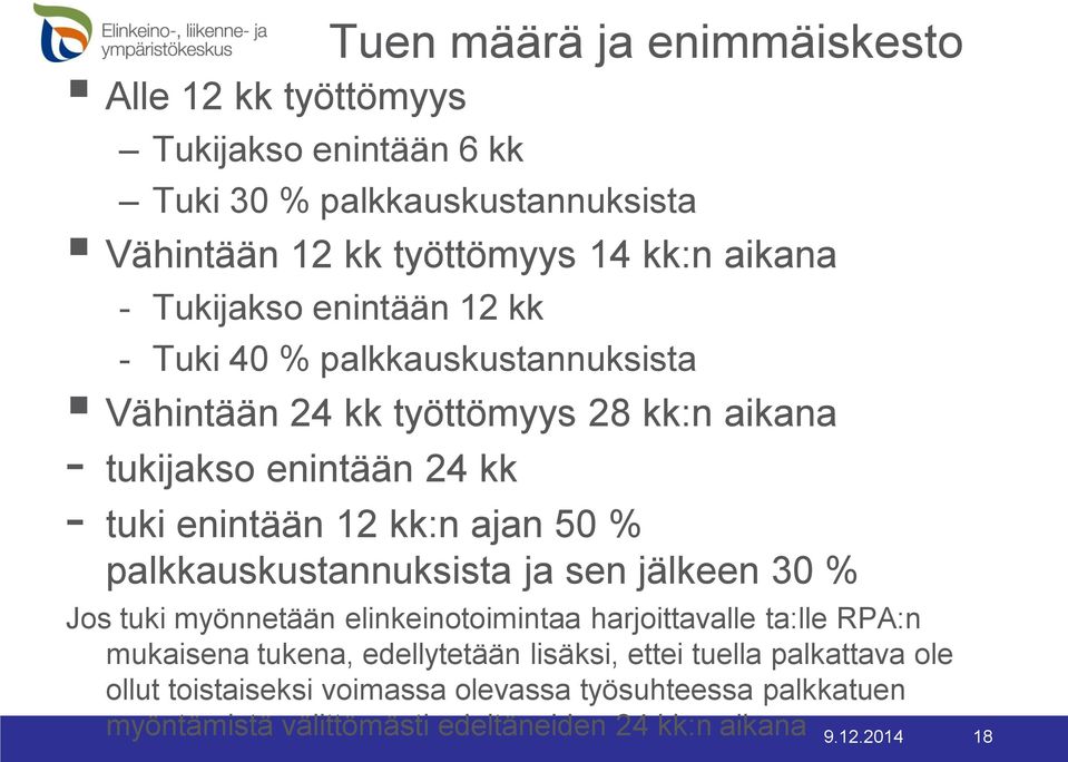 ajan 50 % palkkauskustannuksista ja sen jälkeen 30 % Jos tuki myönnetään elinkeinotoimintaa harjoittavalle ta:lle RPA:n mukaisena tukena, edellytetään