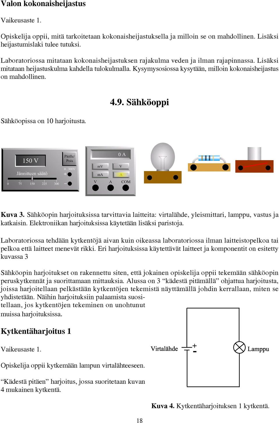Kysymysosiossa kysytään, milloin kokonaisheijastus on mahdollinen. Sähköopissa on 10 harjoitusta. 4.9. Sähköoppi Kuva 3.