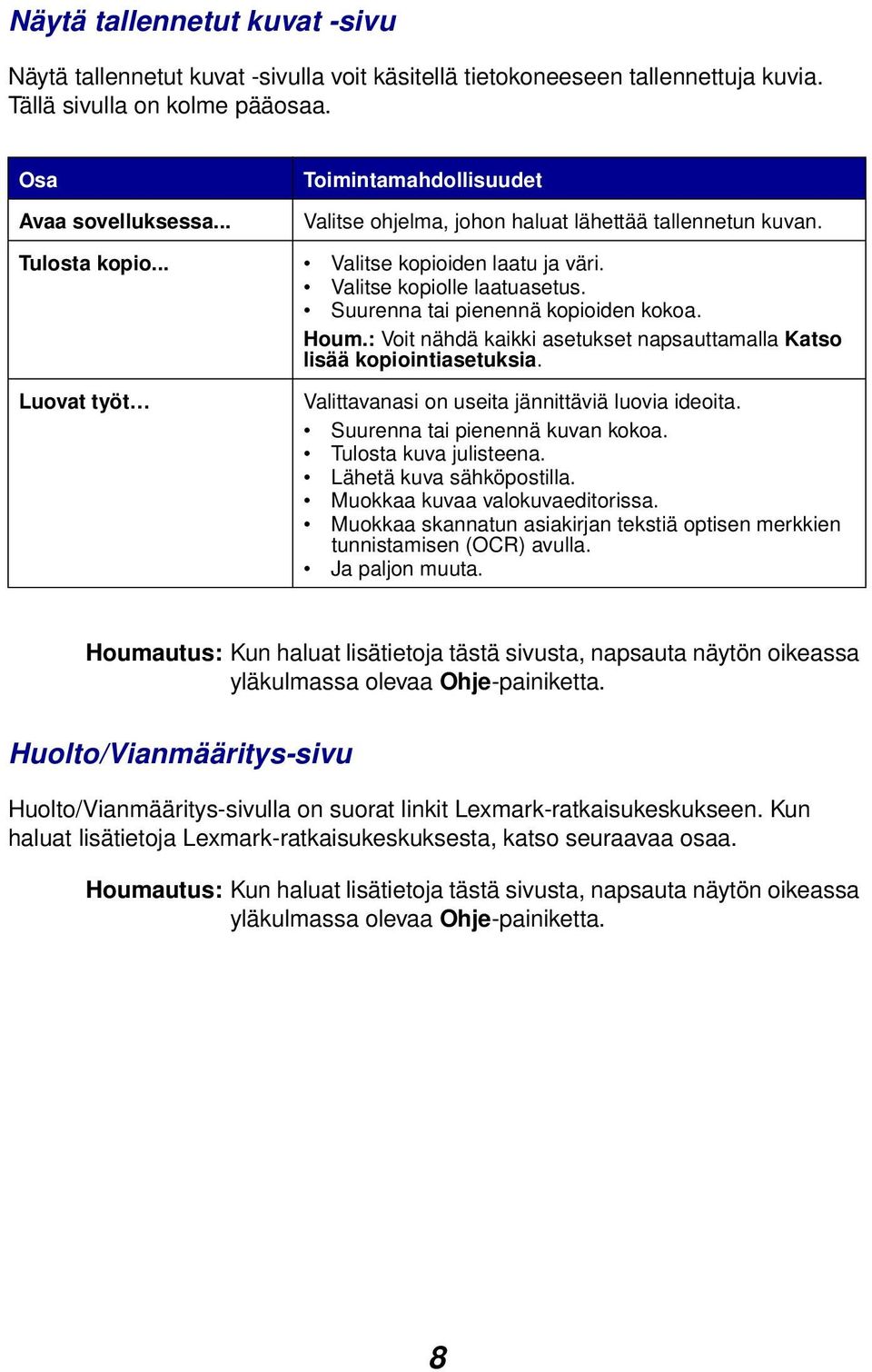 Suurenna tai pienennä kopioiden kokoa. Houm.: Voit nähdä kaikki asetukset napsauttamalla Katso lisää kopiointiasetuksia. Luovat työt Valittavanasi on useita jännittäviä luovia ideoita.