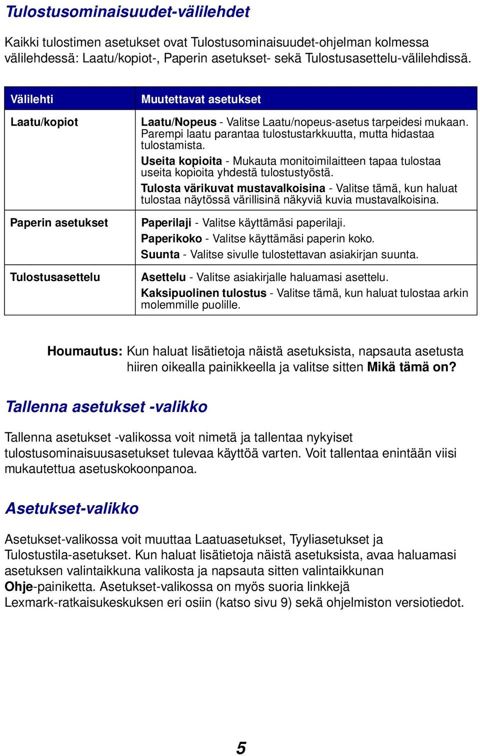 Parempi laatu parantaa tulostustarkkuutta, mutta hidastaa tulostamista. Useita kopioita - Mukauta monitoimilaitteen tapaa tulostaa useita kopioita yhdestä tulostustyöstä.