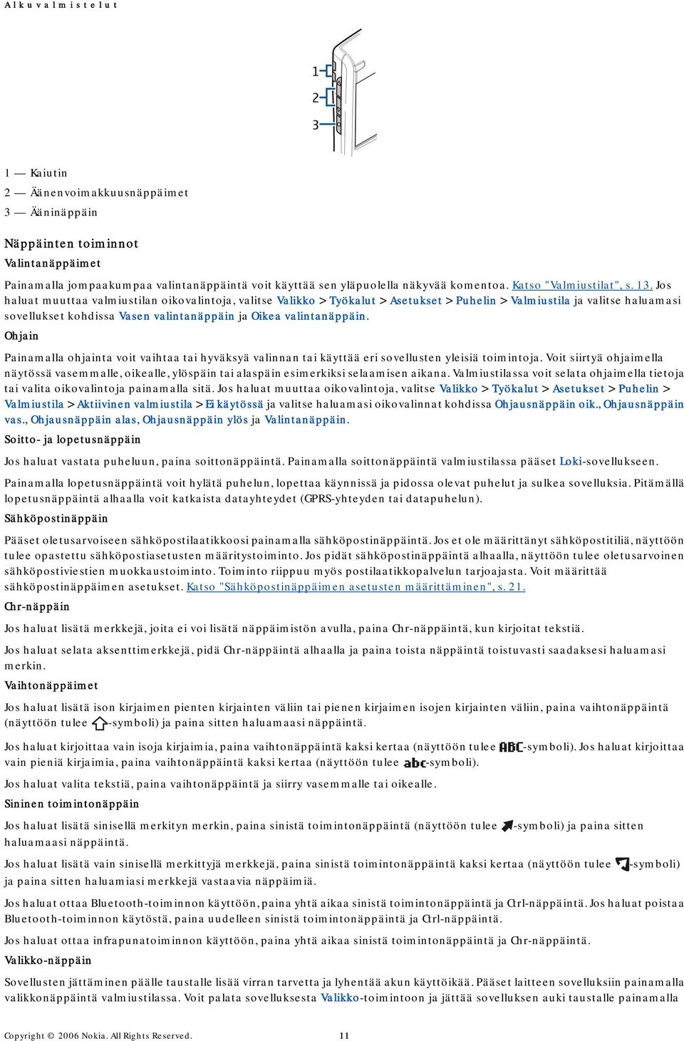 Jos haluat muuttaa valmiustilan oikovalintoja, valitse Valikko > Työkalut > Asetukset > Puhelin > Valmiustila ja valitse haluamasi sovellukset kohdissa Vasen valintanäppäin ja Oikea valintanäppäin.