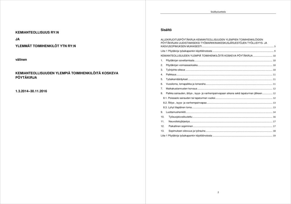 .. 3 Liite 1 Pöytäkirja työaikapankin käyttöönotosta... 9 KEMIANTEOLLISUUDEN YLEMPIÄ TOIMIHENKILÖITÄ KOSKEVA PÖYTÄKIRJA... 10 1. Pöytäkirjan soveltamisala... 10 2. Pöytäkirjan voimassaoloaika... 10 3.