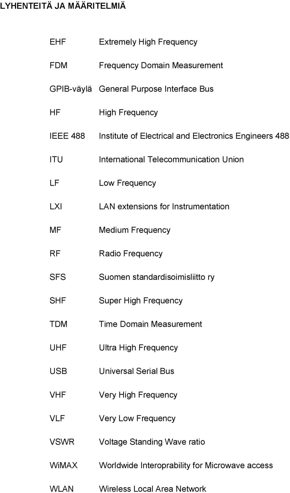Frequency LAN extensions for Instrumentation Medium Frequency Radio Frequency Suomen standardisoimisliitto ry Super High Frequency Time Domain Measurement Ultra