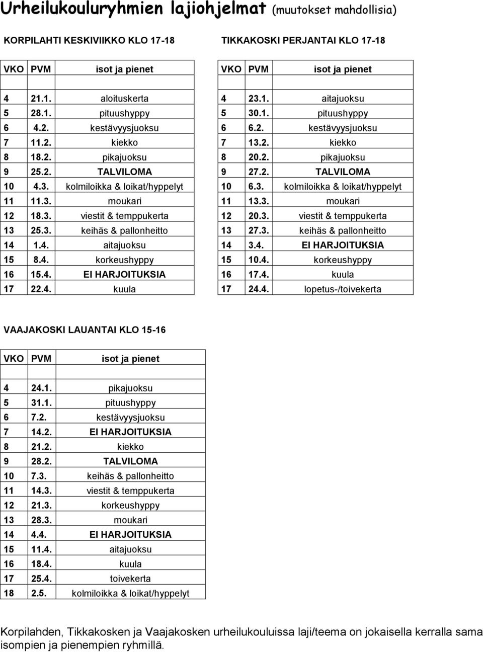 3. kolmiloikka & loikat/hyppelyt 11 11.3. moukari 11 13.3. moukari 12 18.3. viestit & temppukerta 12 20.3. viestit & temppukerta 13 25.3. keihäs & pallonheitto 13 27.3. keihäs & pallonheitto 14 