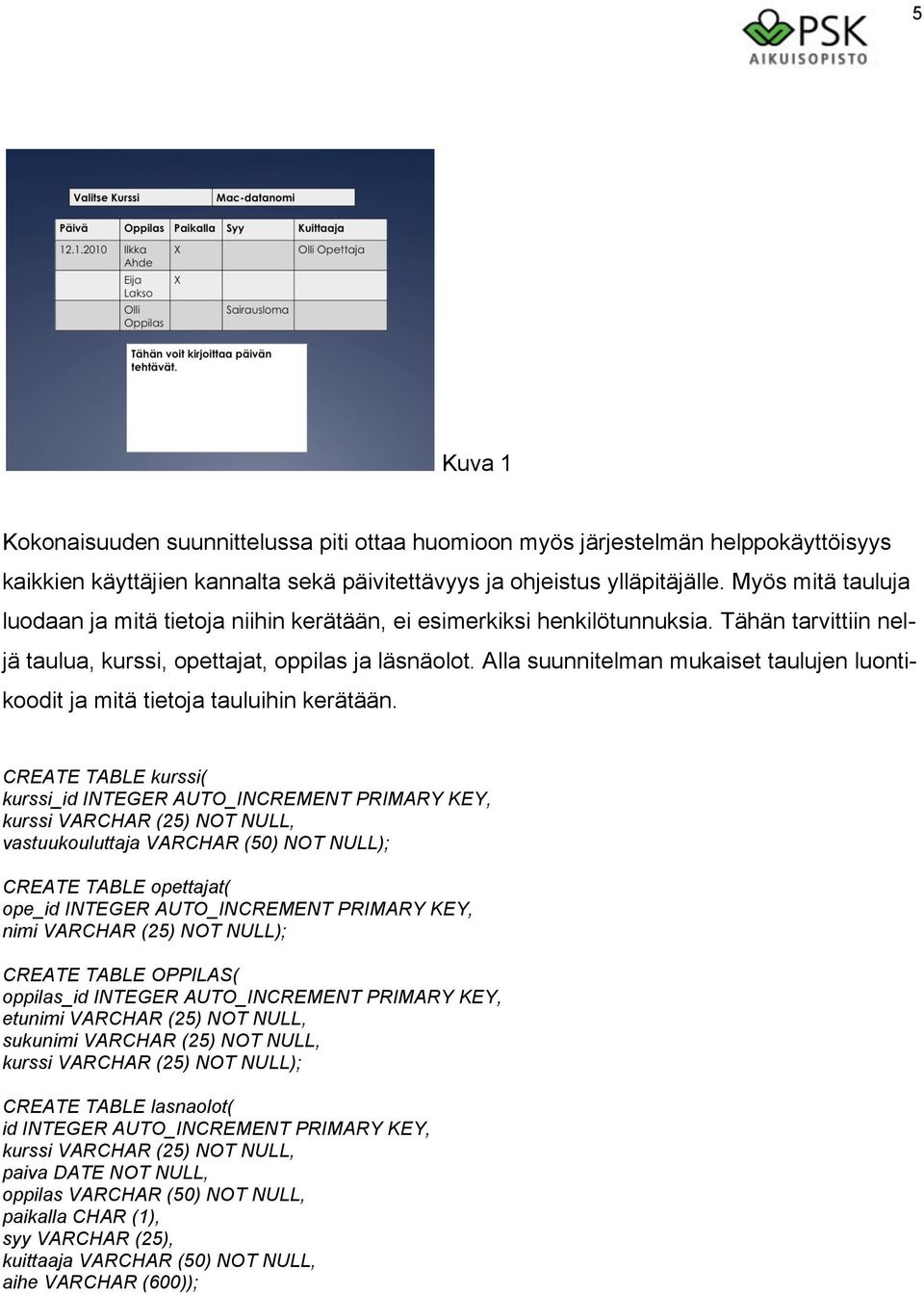 Alla suunnitelman mukaiset taulujen luontikoodit ja mitä tietoja tauluihin kerätään.