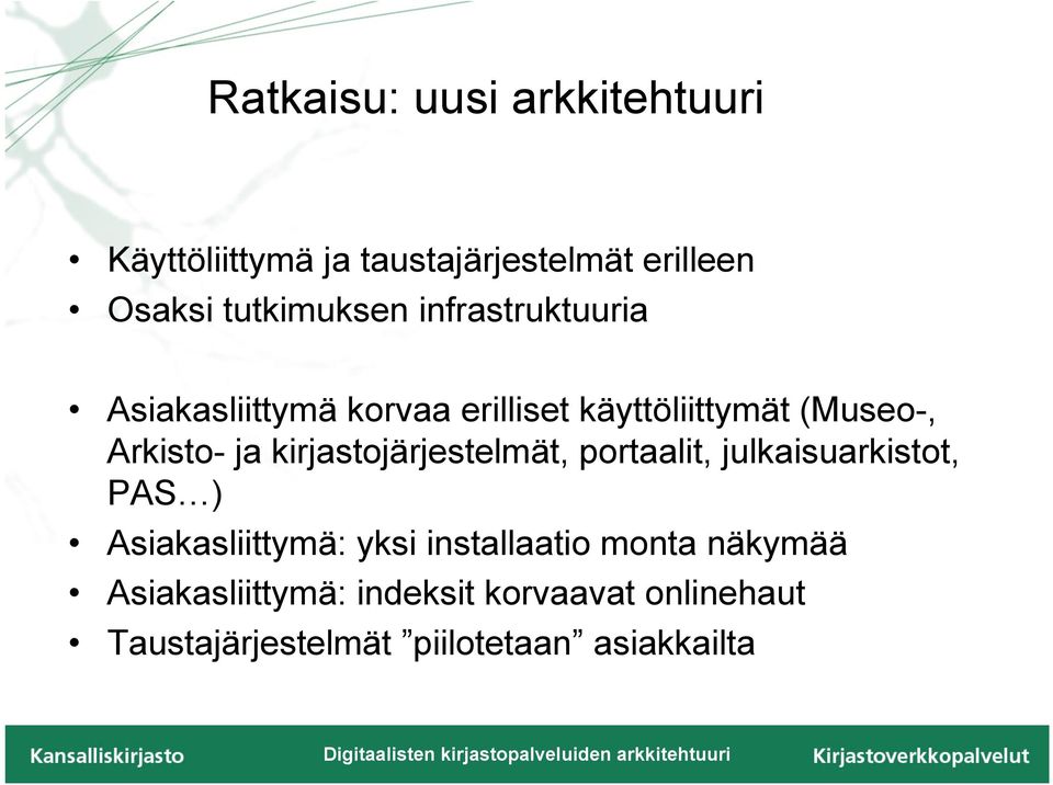 kirjastojärjestelmät, portaalit, julkaisuarkistot, PAS ) Asiakasliittymä: yksi installaatio