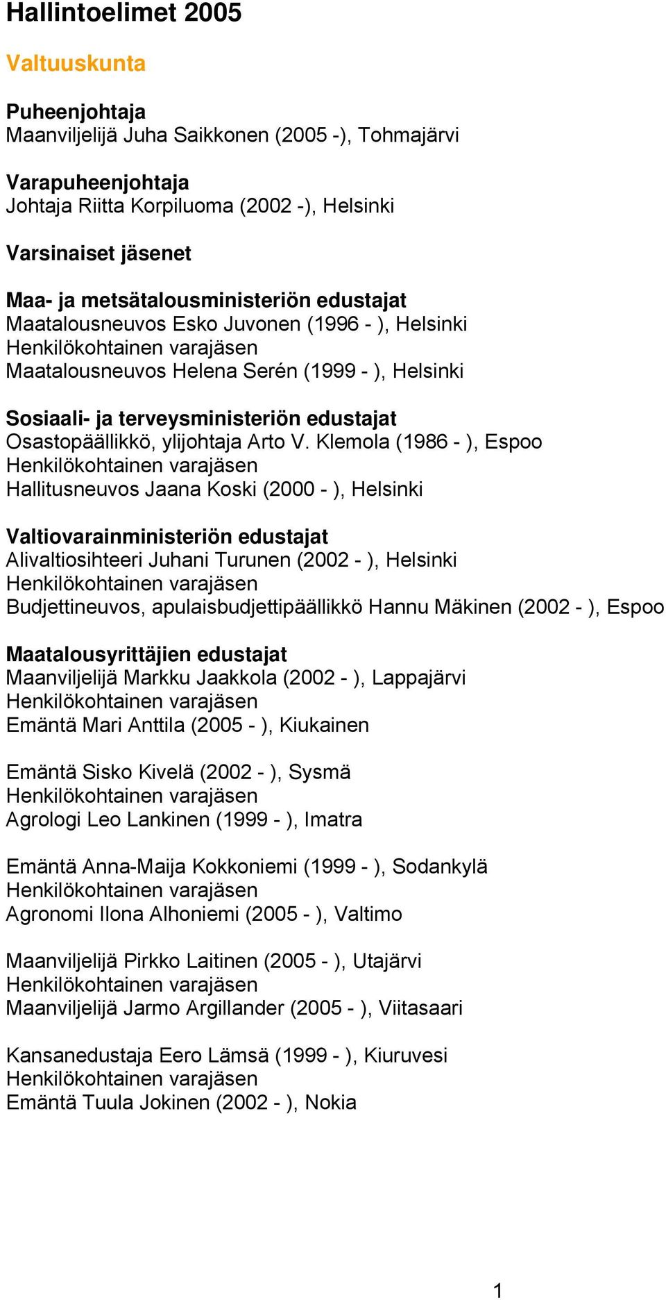 Klemola (1986 - ), Espoo Hallitusneuvos Jaana Koski (2000 - ), Helsinki Valtiovarainministeriön edustajat Alivaltiosihteeri Juhani Turunen (2002 - ), Helsinki Budjettineuvos, apulaisbudjettipäällikkö