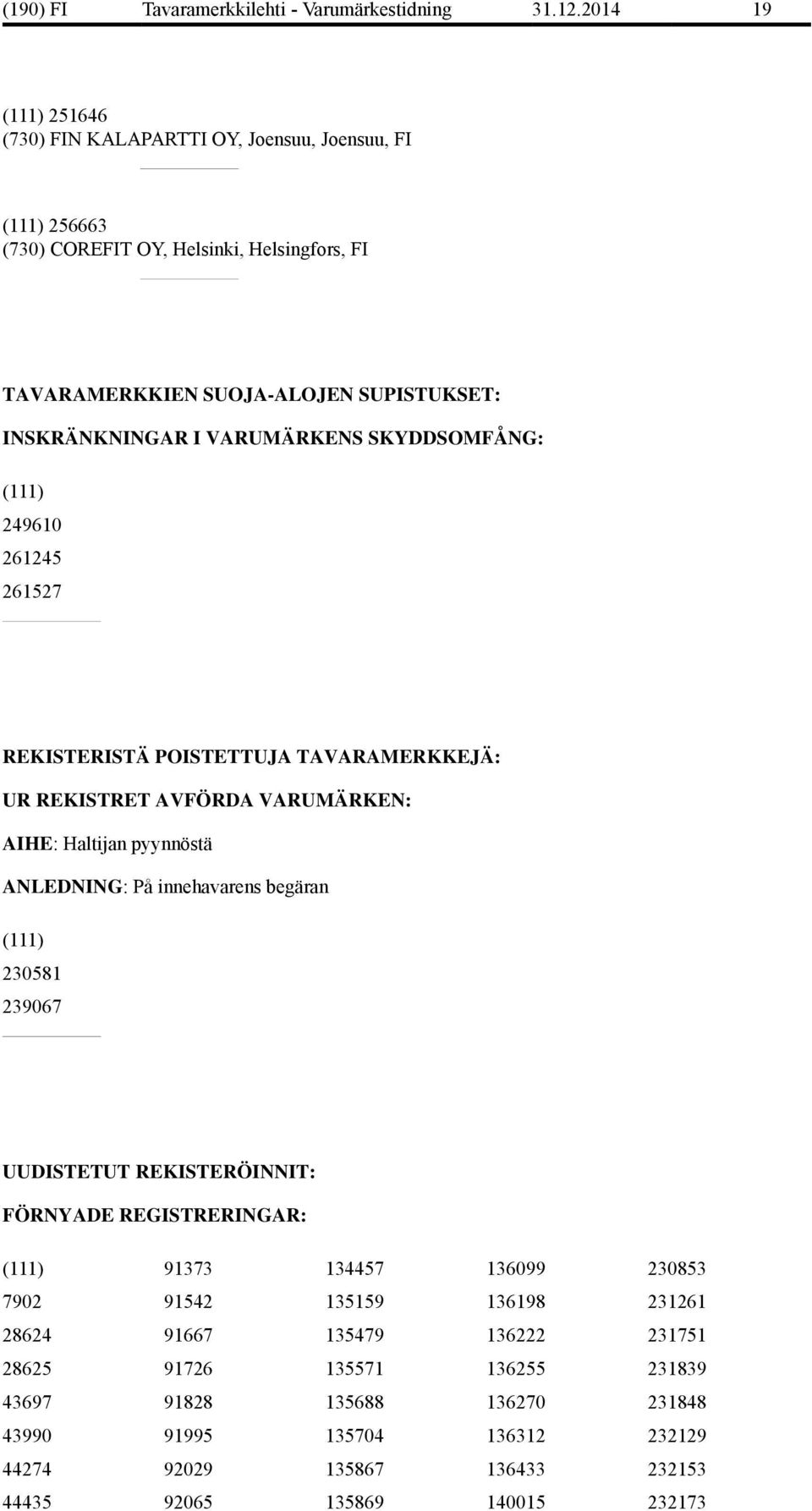 VARUMÄRKENS SKYDDSOMFÅNG: (111) 249610 261245 261527 REKISTERISTÄ POISTETTUJA TAVARAMERKKEJÄ: UR REKISTRET AVFÖRDA VARUMÄRKEN: AIHE: Haltijan pyynnöstä ANLEDNING: På innehavarens begäran