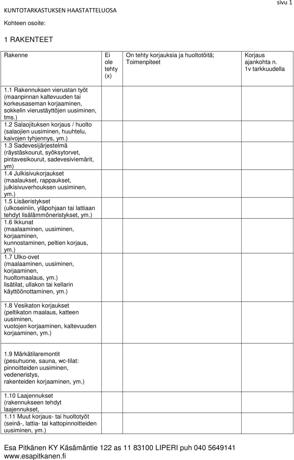 2 Salaojituksen korjaus / huolto (salaojien uusiminen, huuhtelu, kaivojen tyhjennys, ym.) 1.3 Sadevesijärjestelmä (räystäskourut, syöksytorvet, pintavesikourut, sadevesiviemärit, ym) 1.