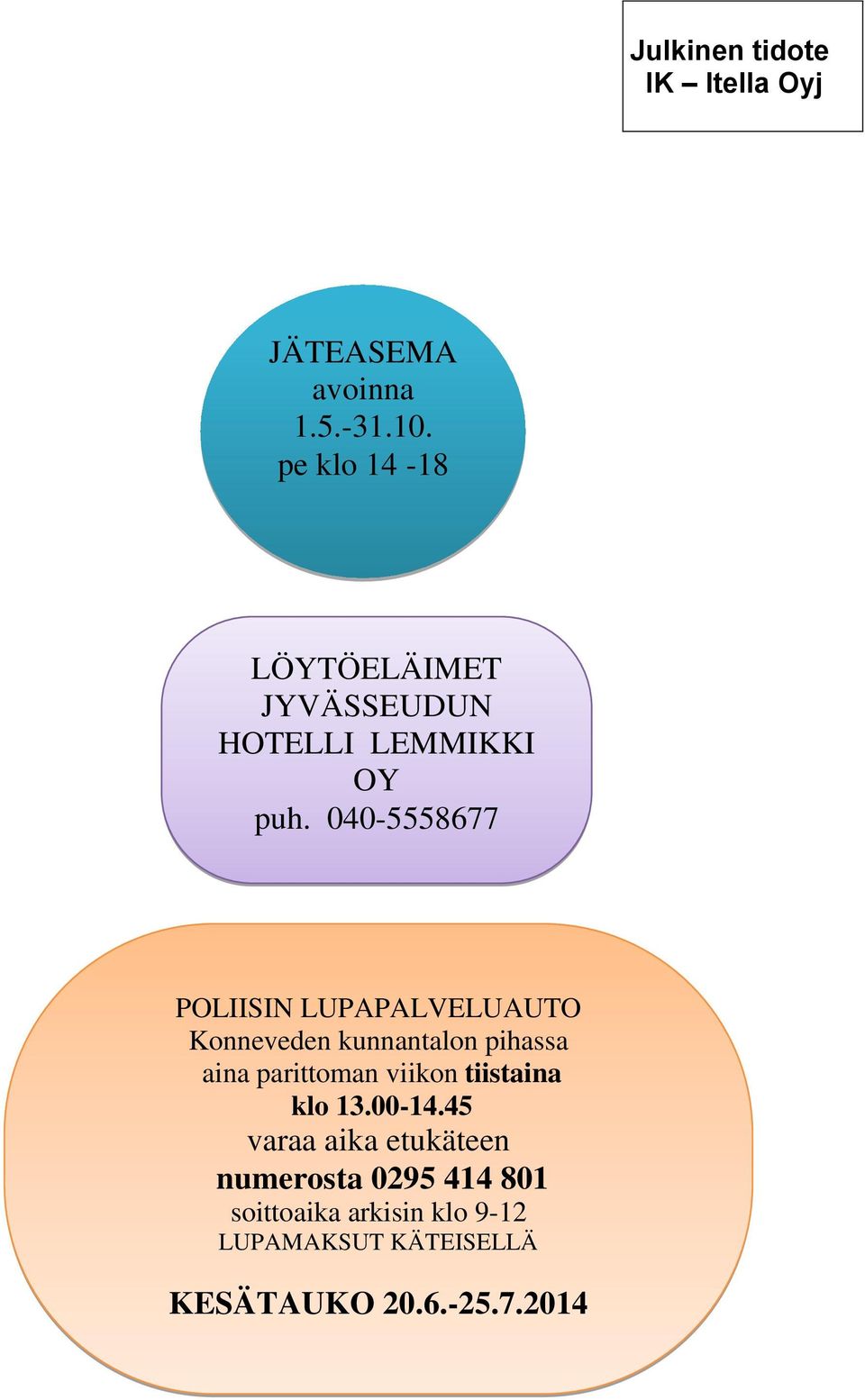 040-5558677 POLIISIN LUPAPALVELUAUTO Konneveden kunnantalon pihassa aina parittoman