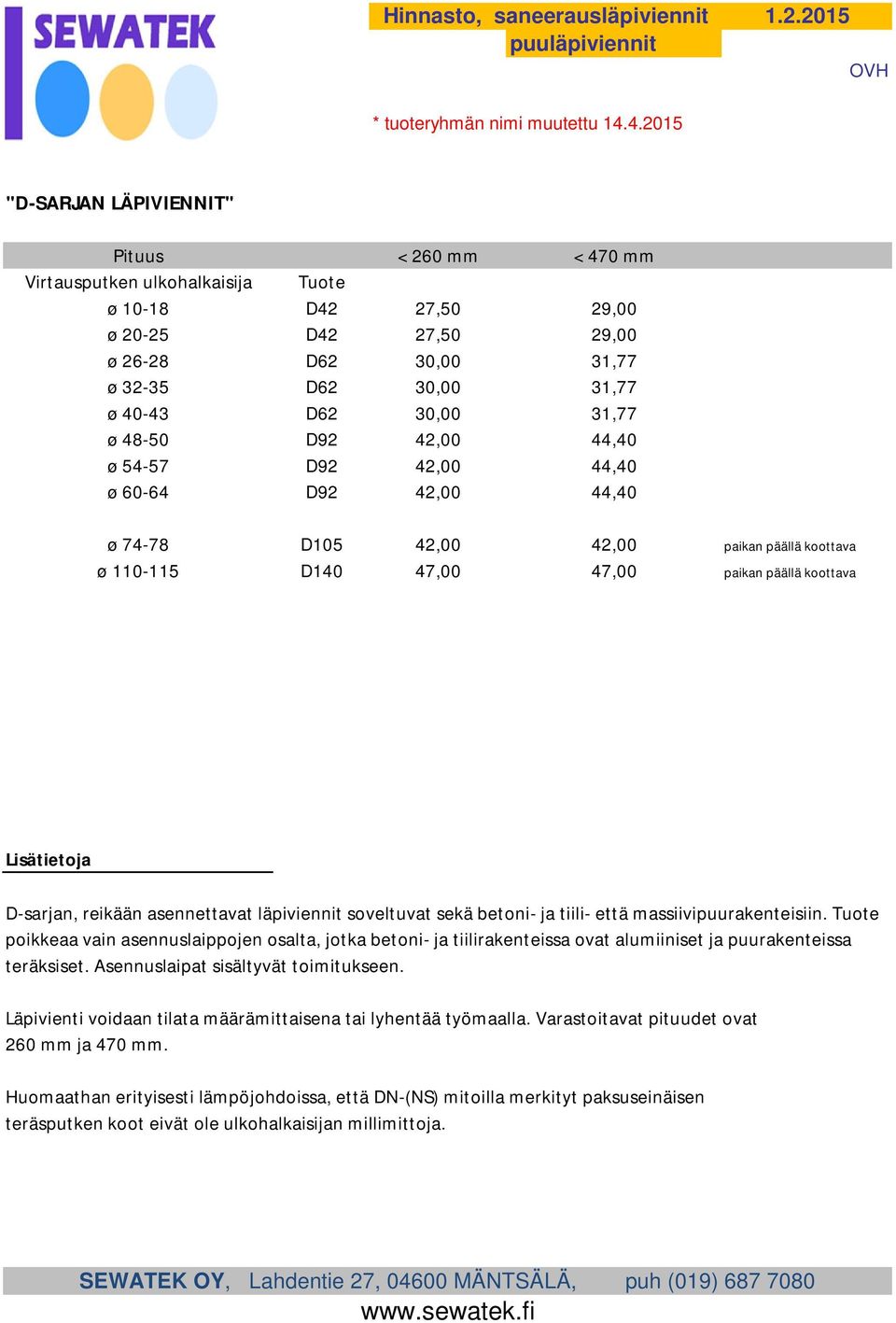 30,00 31,77 ø 48-50 D92 42,00 44,40 ø 54-57 D92 42,00 44,40 ø 60-64 D92 42,00 44,40 ø 74-78 D105 42,00 42,00 paikan päällä koottava ø 110-115 D140 47,00 47,00 paikan päällä koottava D-sarjan, reikään