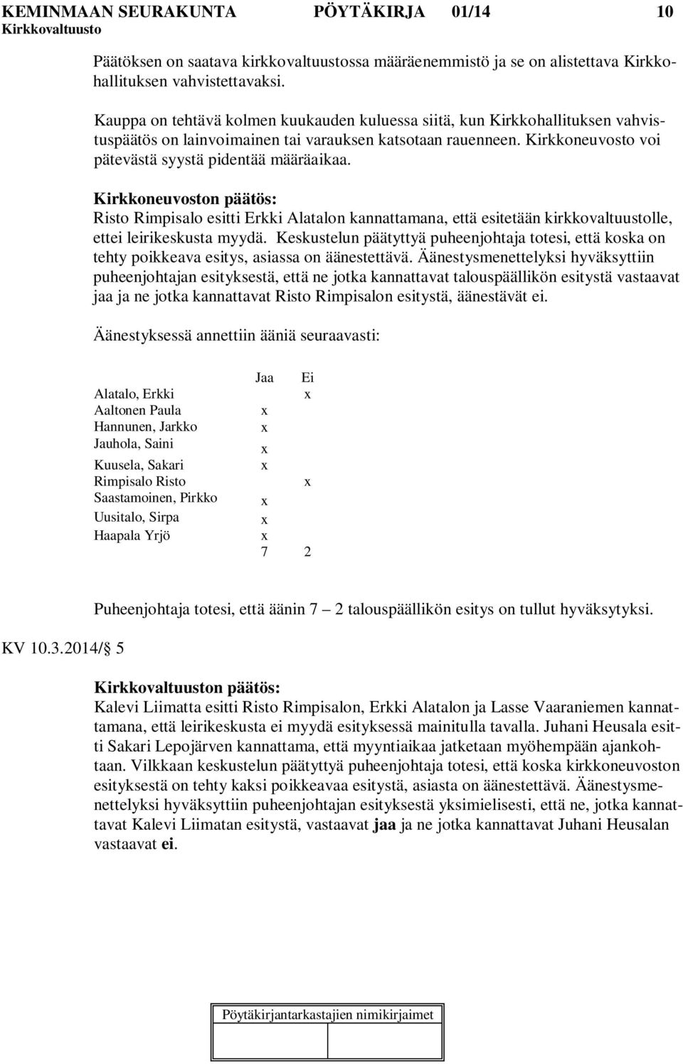 Kirkkoneuvoston päätös: Risto Rimpisalo esitti Erkki Alatalon kannattamana, että esitetään kirkkovaltuustolle, ettei leirikeskusta myydä.