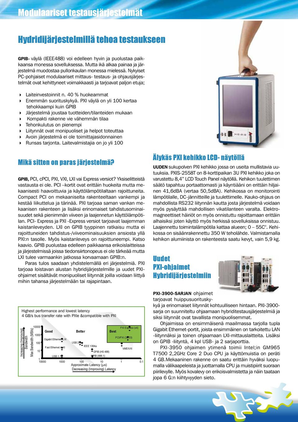 Nykyiset PC-pohjaiset modulaariset mittaus- testaus- ja ohjausjärjestelmät ovat kehittyneet voimakkaasti ja tarjoavat paljon etuja; Laiteinvestoinnit n. 40 % huokeammat Enemmän suorituskykyä.