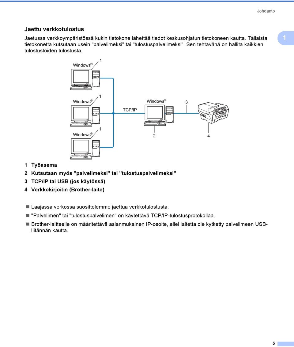 1 1 Työasema 2 Kutsutaan myös "palvelimeksi" tai "tulostuspalvelimeksi" 3 TCP/IP tai USB (jos käytössä) 4 Verkkokirjoitin (Brother-laite) Laajassa verkossa