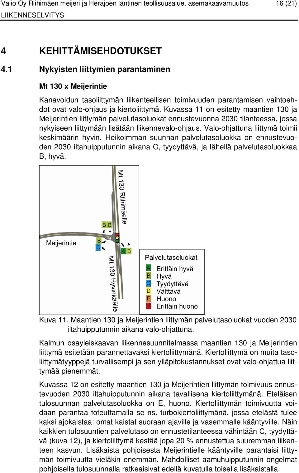 Kuvassa 11 on esitetty maantien 130 ja Meijerintien liittymän palvelutasoluokat ennustevuonna 2030 tilanteessa, jossa nykyiseen liittymään lisätään liikennevalo-ohjaus.