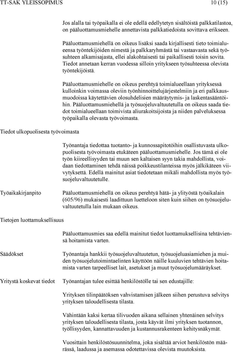 Pääluottamusmiehellä on oikeus lisäksi saada kirjallisesti tieto toimialueensa työntekijöiden nimestä ja palkkaryhmästä tai vastaavasta sekä työsuhteen alkamisajasta, ellei alakohtaisesti tai