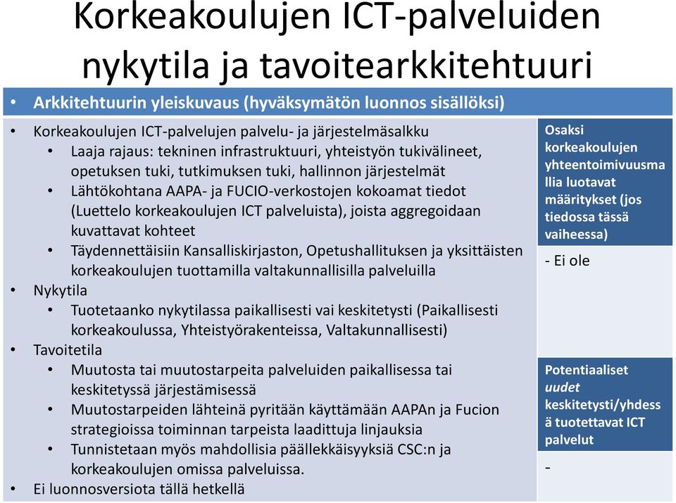 palveluista), joista aggregoidaan kuvattavat kohteet Täydennettäisiin Kansalliskirjaston, Opetushallituksen ja yksittäisten korkeakoulujen tuottamilla valtakunnallisilla palveluilla Nykytila