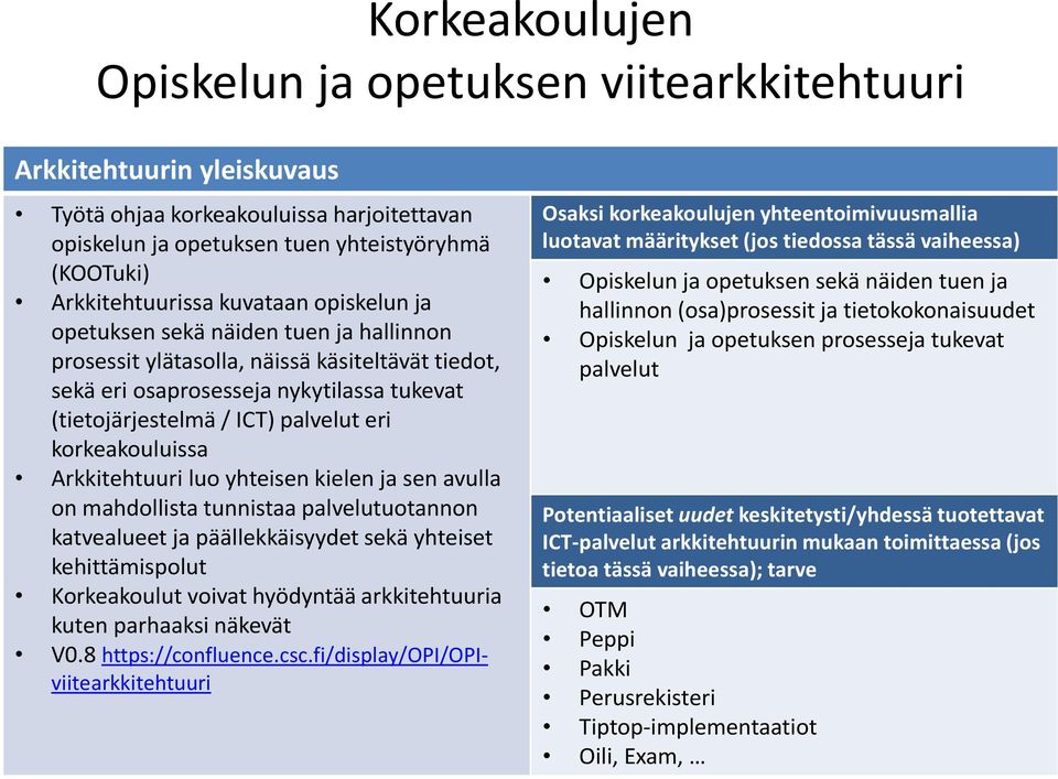 korkeakouluissa Arkkitehtuuri luo yhteisen kielen ja sen avulla on mahdollista tunnistaa palvelutuotannon katvealueet ja päällekkäisyydet sekä yhteiset kehittämispolut Korkeakoulut voivat hyödyntää