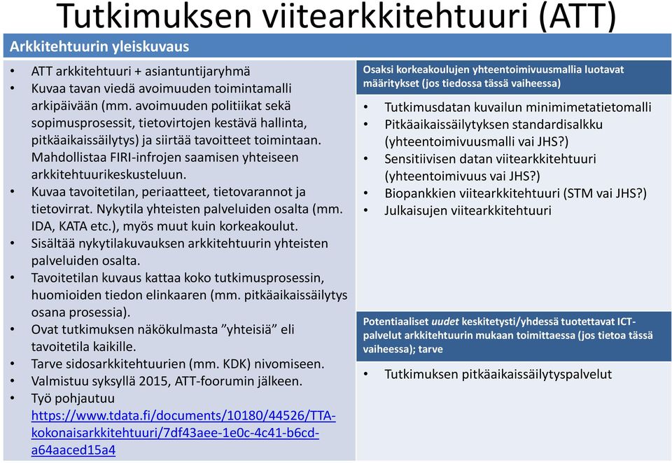 Mahdollistaa FIRI-infrojen saamisen yhteiseen arkkitehtuurikeskusteluun. Kuvaa n, periaatteet, tietovarannot ja tietovirrat. Nykytila yhteisten palveluiden osalta (mm. IDA, KATA etc.