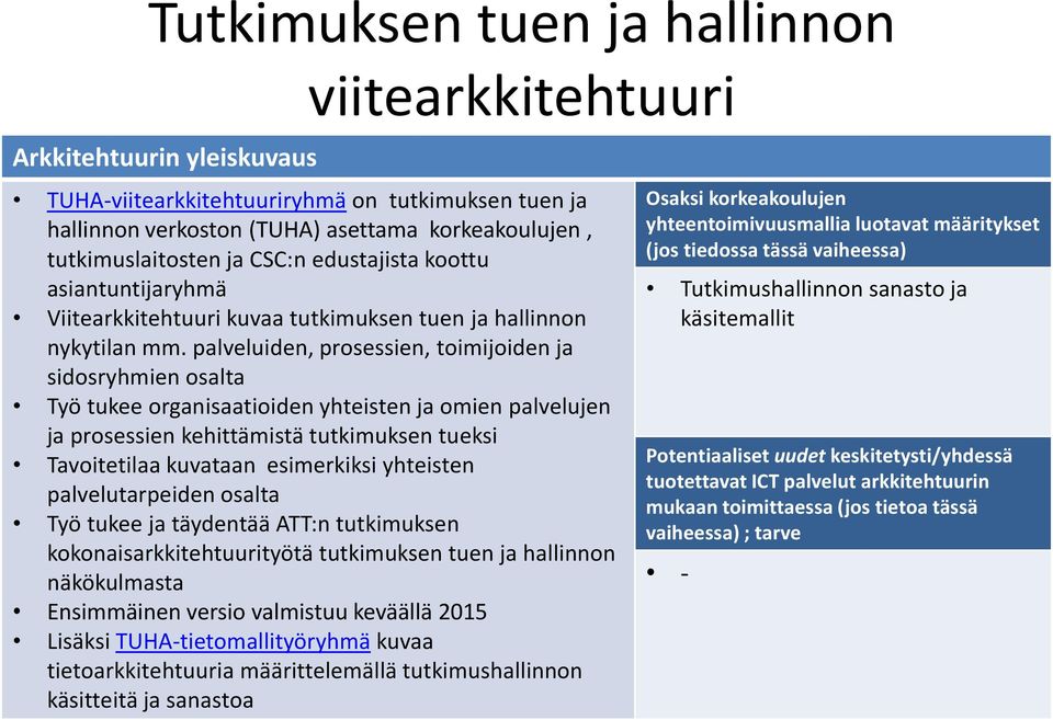 palveluiden, prosessien, toimijoiden ja sidosryhmien osalta Työ tukee organisaatioiden yhteisten ja omien palvelujen ja prosessien kehittämistä tutkimuksen tueksi Tavoitetilaa kuvataan esimerkiksi