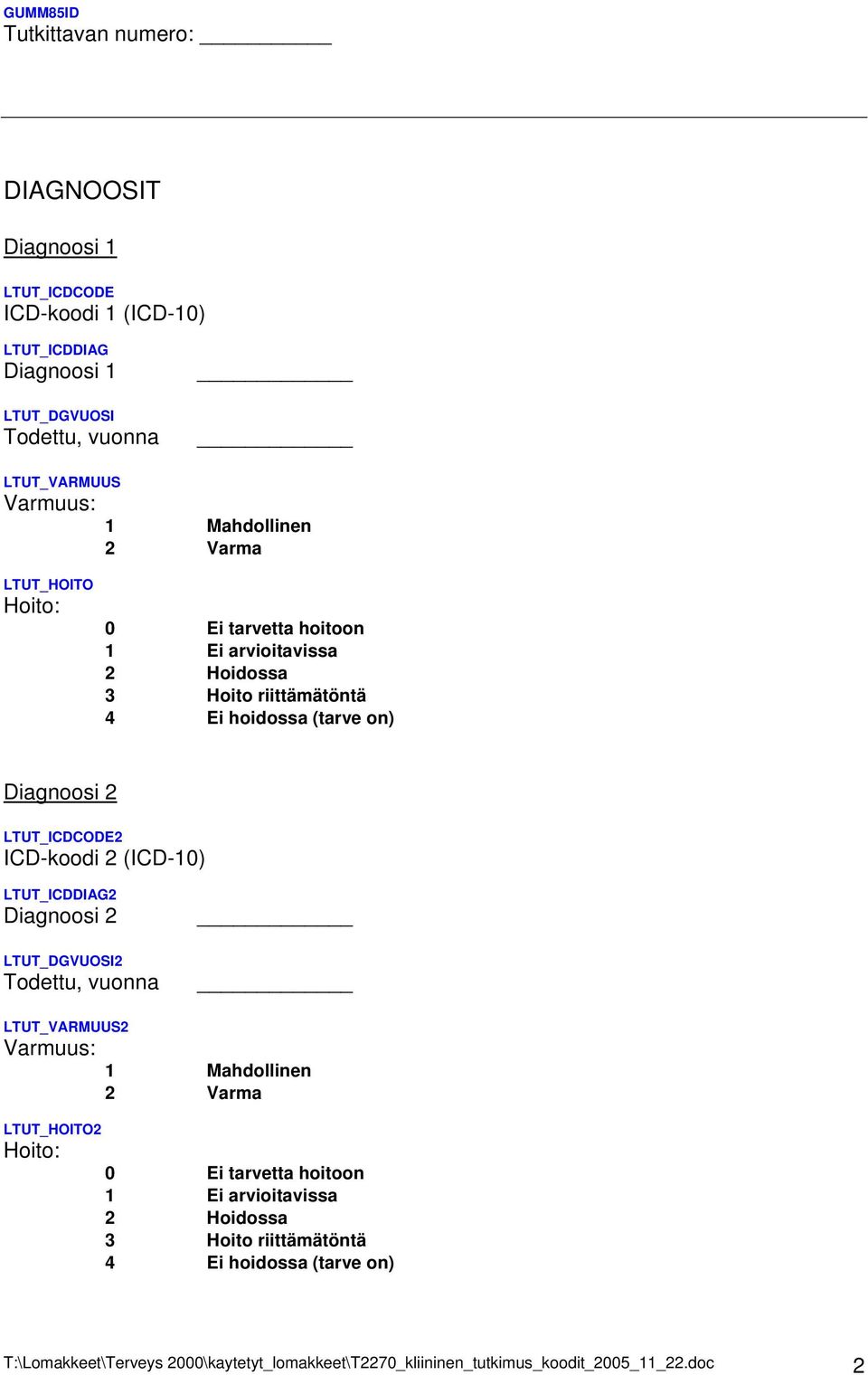 ICD-koodi 2 (ICD-10) LTUT_ICDDIAG2 Diagnoosi 2 LTUT_DGVUOSI2 Todettu, vuonna LTUT_VARMUUS2 Varmuus: LTUT_HOITO2