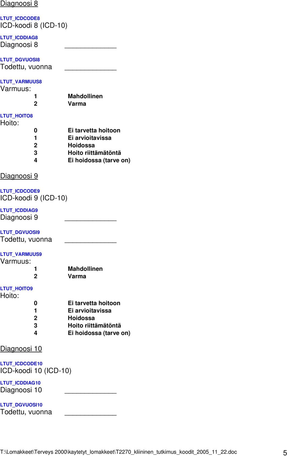 vuonna LTUT_VARMUUS9 Varmuus: LTUT_HOITO9 Hoito: tarvetta hoitoon Diagnoosi 10 LTUT_ICDCODE10 ICD-koodi 10 (ICD-10) LTUT_ICDDIAG10