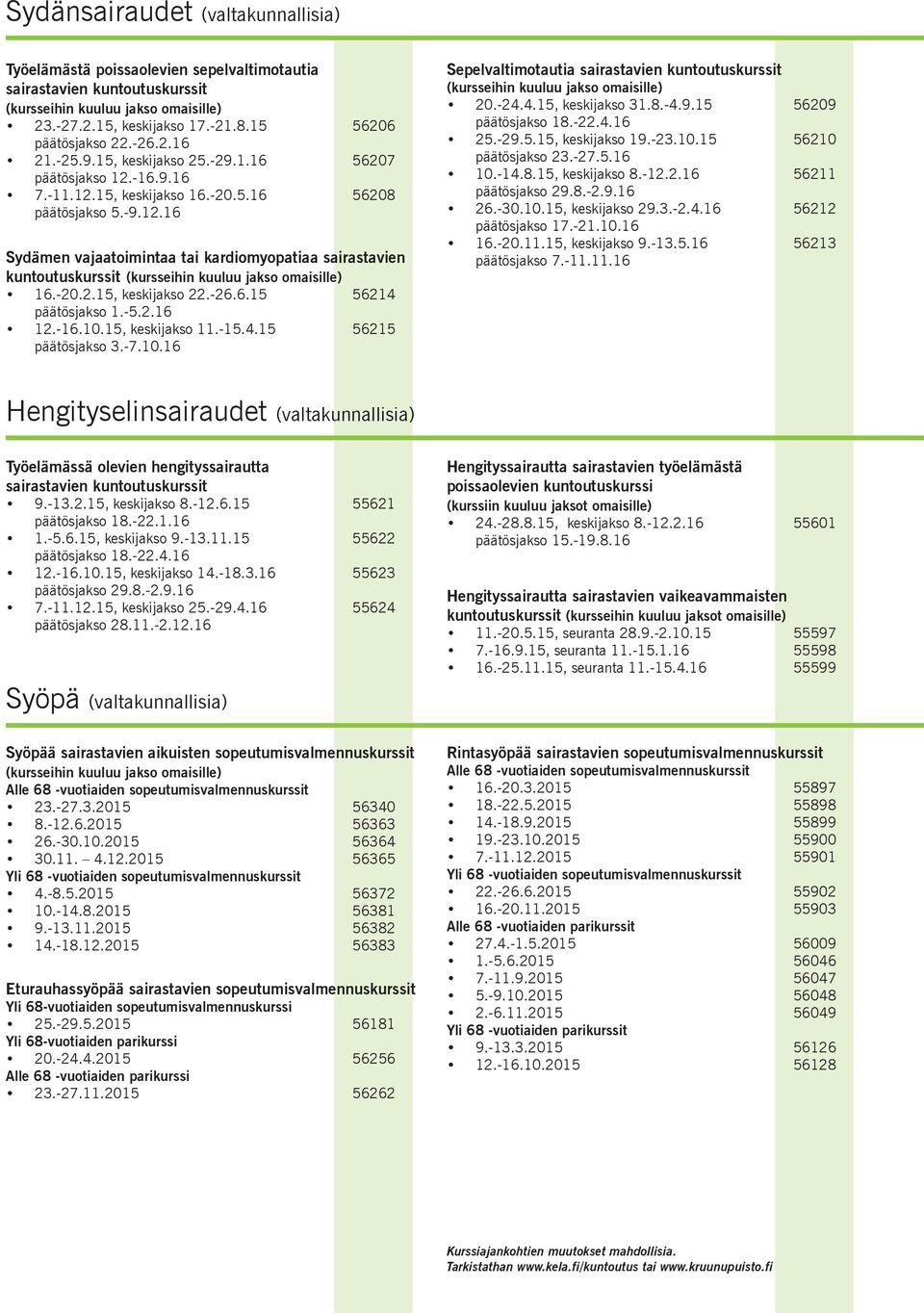 -16.9.16 7.-11.12.15, keskijakso 16.-20.5.16 56208 päätösjakso 5.-9.12.16 Sydämen vajaatoimintaa tai kardiomyopatiaa sairastavien kuntoutuskurssit (kursseihin kuuluu jakso omaisille) 16.-20.2.15, keskijakso 22.