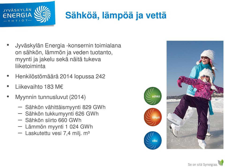 lopussa 242 Liikevaihto 183 M Myynnin tunnusluvut (2014) Sähkön vähittäismyynti 829 GWh