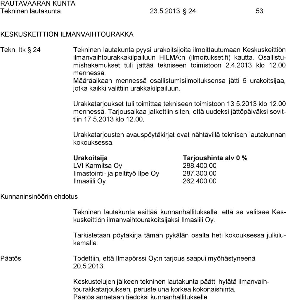00 mennessä. Määräaikaan mennessä osallistumisilmoituksensa jätti 6 urakoitsijaa, jotka kaikki valittiin urakkakilpailuun.