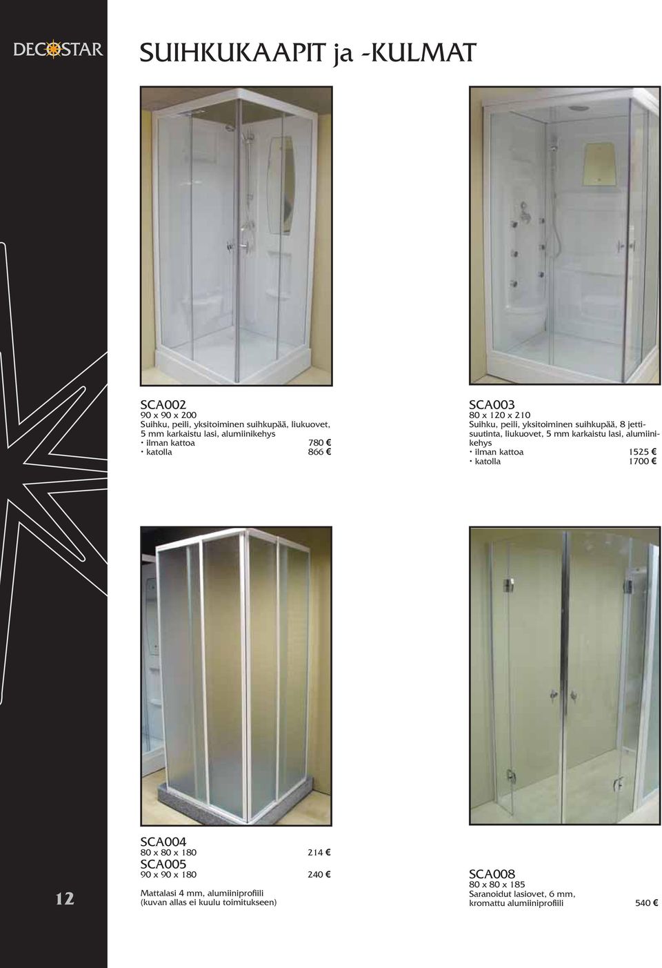 liukuovet, 5 mm karkaistu lasi, alumiinikehys ilman kattoa 1525 katolla 1700 12 SCA004 80 x 80 x 180 214 SCA005 90 x 90 x 180