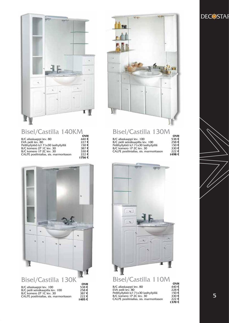 100 258 Peilihyllykkö k/l 71x30 lasihyllyillä 150 B/C komero 1P 2C lev. 30 330 CALPE posliiniallas, sis. marmoritason 222 1498 Bisel/Castilla 130K B/C allaskaappi lev.