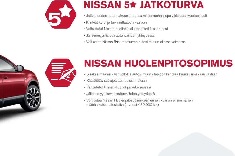 vuoteen asti Kiinteät kulut ja turva inflaatiota vastaan Valtuutetut Nissan-huollot ja alkuperäiset Nissan-osat Jälleenmyyntiarvoa autonvaihdon yhteydessä Voit