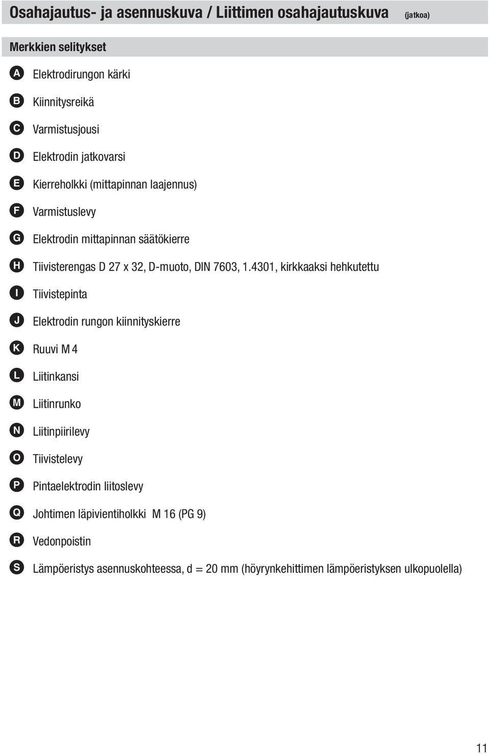 4301, kirkkaaksi hehkutettu I Tiivistepinta J Elektrodin rungon kiinnityskierre K Ruuvi M 4 L Liitinkansi M Liitinrunko N Liitinpiirilevy O Tiivistelevy P