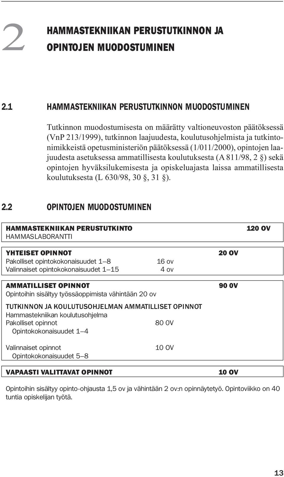 opetusministeriön päätöksessä (1/011/2000), opintojen laajuudesta asetuksessa ammatillisesta koulutuksesta (A 811/98, 2 ) sekä opintojen hyväksilukemisesta ja opiskeluajasta laissa ammatillisesta