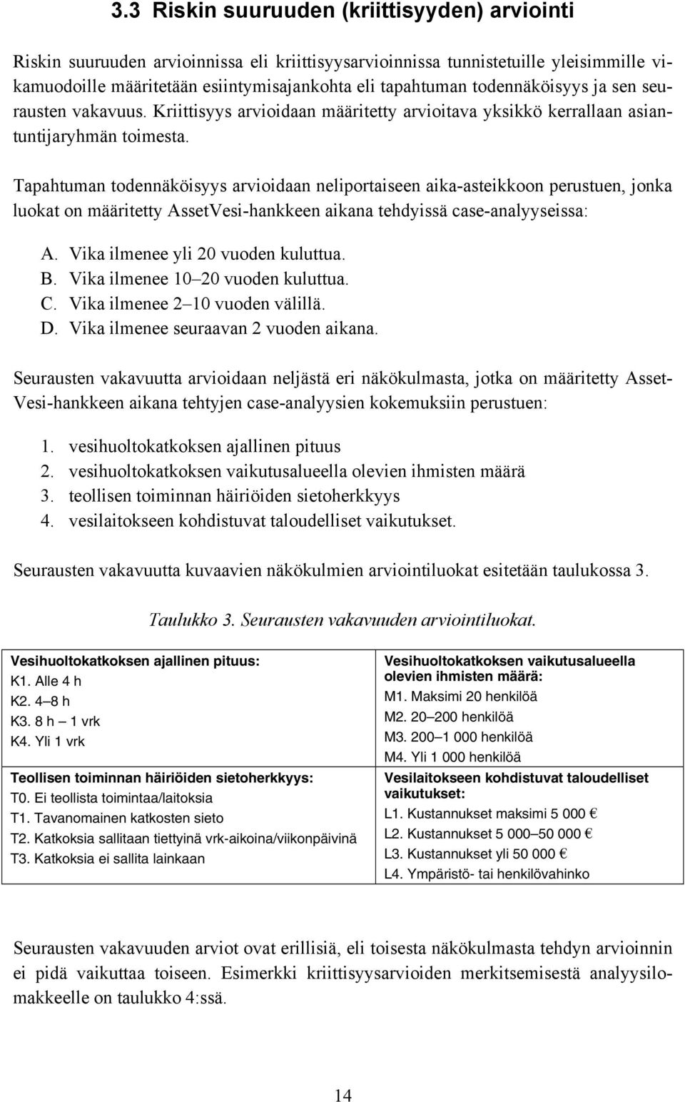 Tapahtuman todennäköisyys arvioidaan neliportaiseen aika-asteikkoon perustuen, jonka luokat on määritetty AssetVesi-hankkeen aikana tehdyissä case-analyyseissa: A. Vika ilmenee yli 20. B.