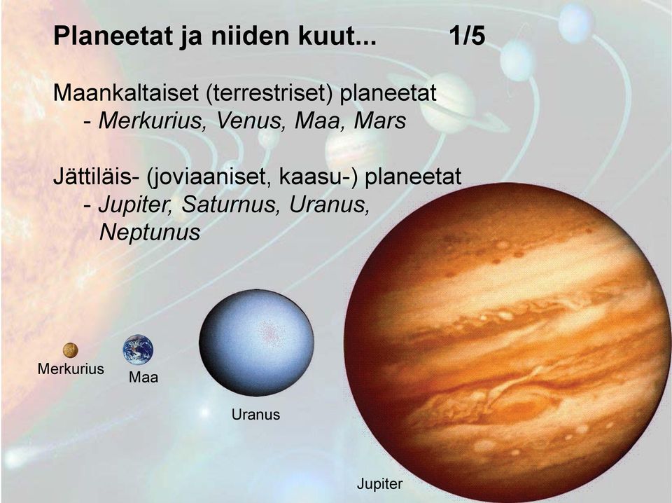 Merkurius, Venus, Maa, Mars Jättiläis- (joviaaniset,