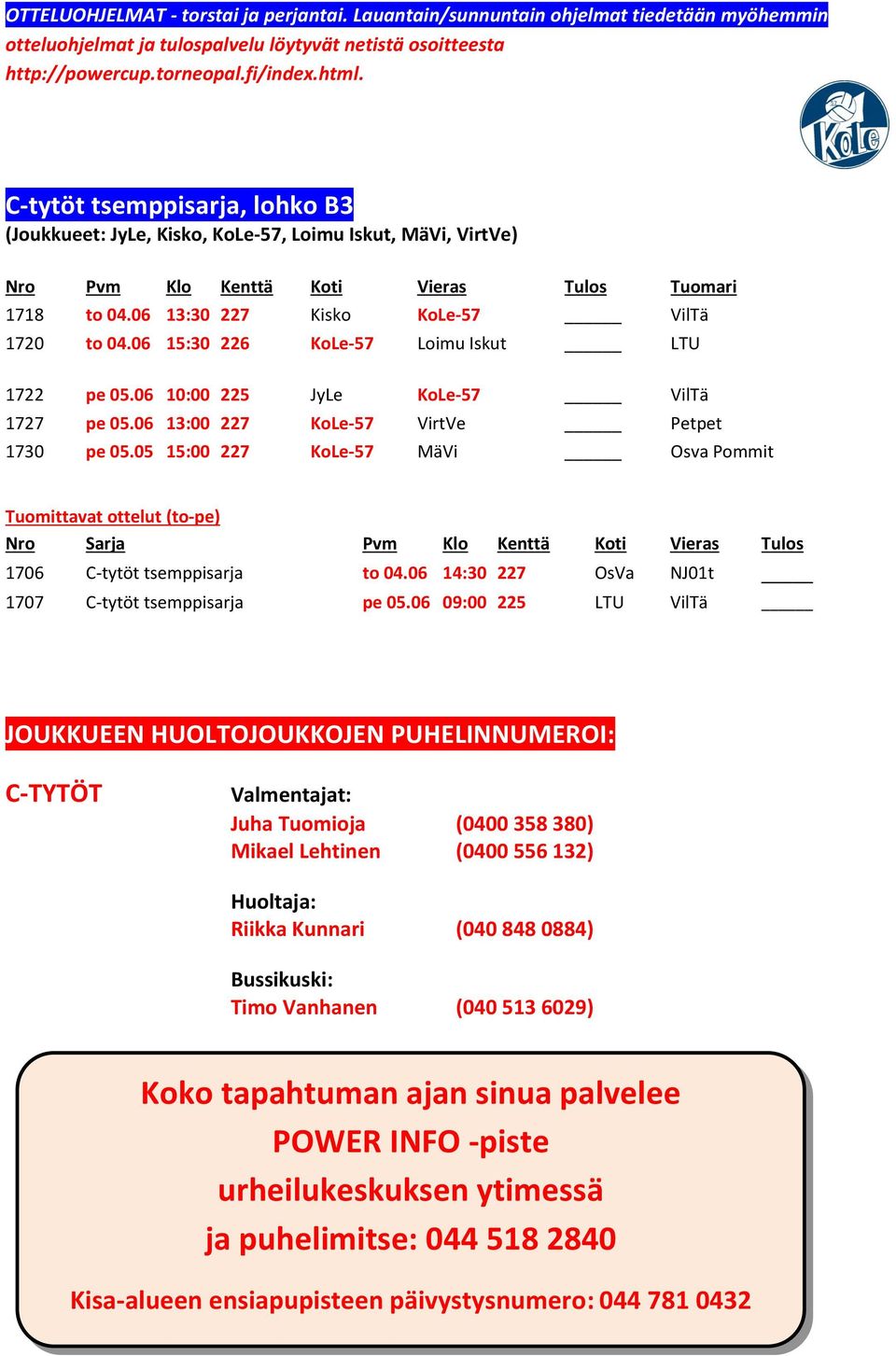 06 15:30 226 KoLe-57 Loimu Iskut LTU 1722 pe 05.06 10:00 225 JyLe KoLe-57 VilTä 1727 pe 05.06 13:00 227 KoLe-57 VirtVe Petpet 1730 pe 05.