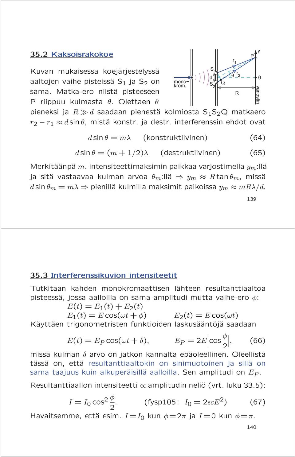 interferenssin ehdot ovat S 1 d S 2 Q r 1 r θ 2 d sin θ = mλ (konstruktiivinen) (64) d sin θ =(m + 1/2)λ (destruktiivinen) (65) Merkitäänpä m.