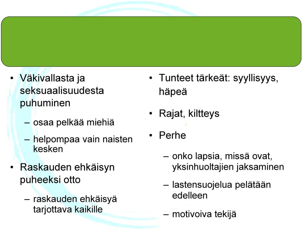 kaikille Tunteet tärkeät: syyllisyys, häpeä Rajat, kiltteys Perhe onko lapsia,