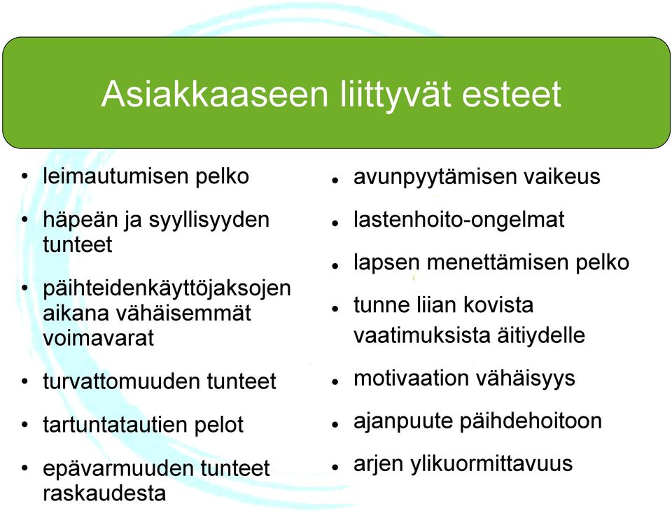 epävarmuuden tunteet raskaudesta avunpyytämisen vaikeus lastenhoito-ongelmat lapsen menettämisen