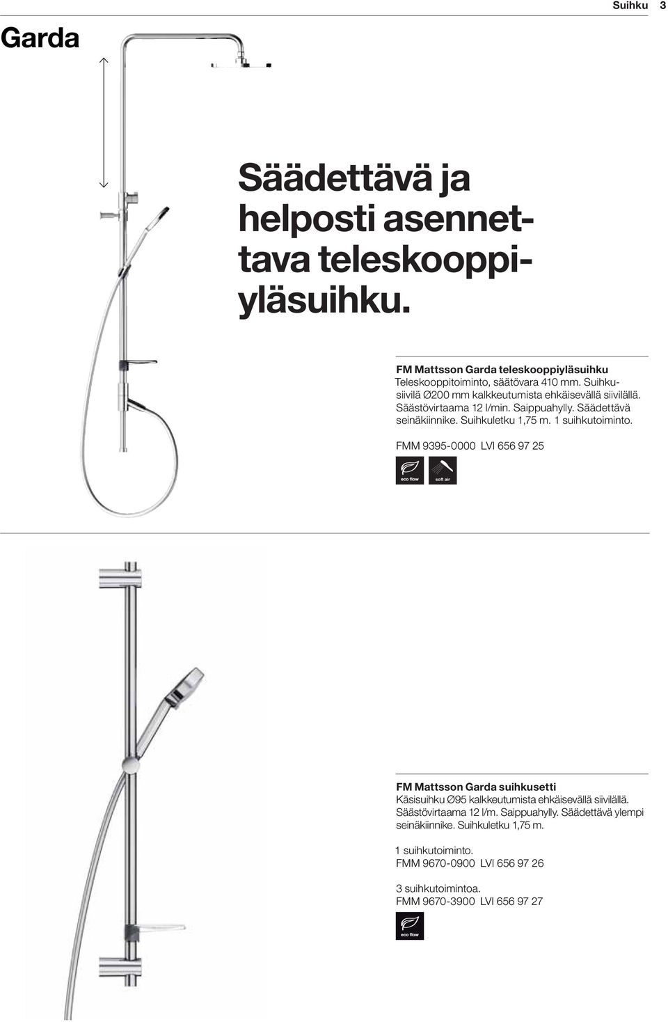 Säästövirtaama 12 l/min. Saippuahylly. Säädettävä seinäkiinnike. Suihkuletku 1,75 m.
