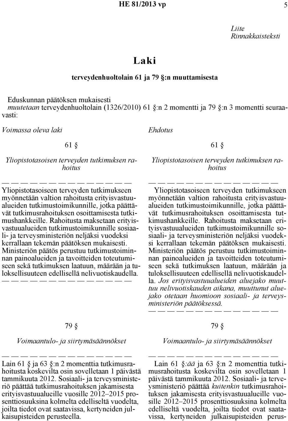 79 Voimaantulo- ja siirtymäsäännökset Lain 61 ja 63 :n 2 momenttia tutkimusrahoitusta koskevilta osin sovelletaan 1 päivästä tammikuuta 2012.